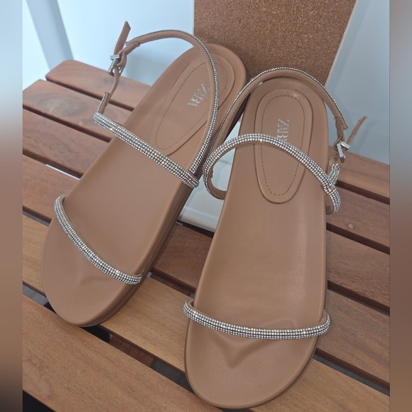 Zara Shoes - Zara Tan Strappy Sandals with Rhinestone Detail - Like New